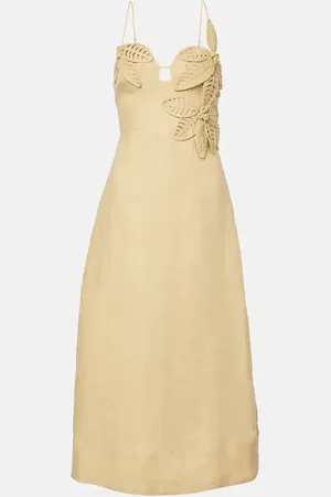 Farm Rio Vestido midi Sand de lino con apliques