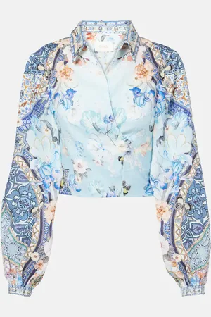 Camilla Top envolvente cropped de lino floral
