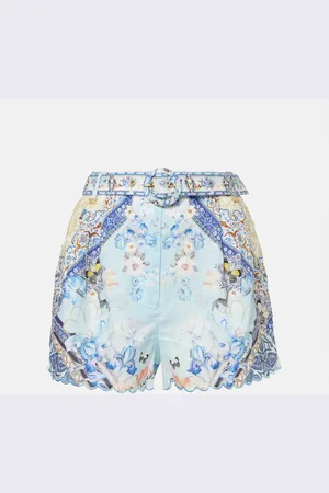 Camilla Shorts de lino floral con cinturón