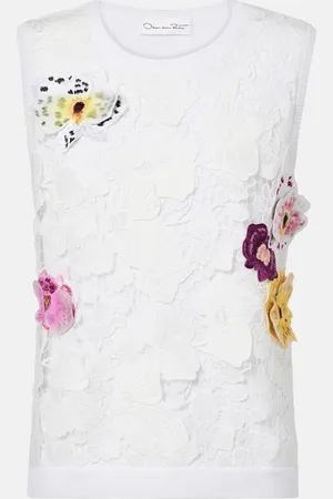 Oscar de la Renta Top de mezcla de algodón con aplique floral y encaje