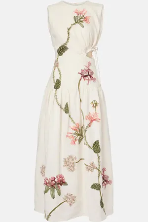 Agua by Agua Bendita Vestido midi Otoño Orquidea de lino bordado