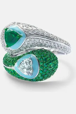 Kamyen Anillo Ying Yang de oro blanco de 18 ct esmaltado con esmeralda y diamante