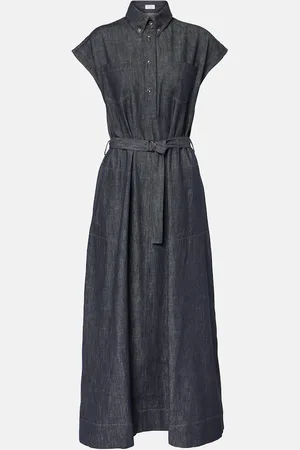 Brunello Cucinelli Vestido largo de denim con cinturón