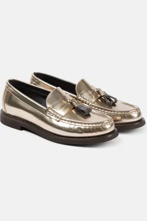 Brunello Cucinelli Mocasines penny de piel metalizada