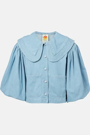 Farm Rio Camisa de denim con mangas abullonadas