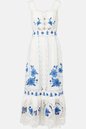 Farm Rio Vestido midi en mezcla de lino bordado