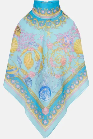 VERSACE Top de algodón y seda estampado con cuello halter