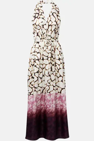 DRIES VAN NOTEN Vestido midi en sarga de seda con cuello halter