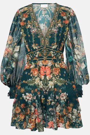 Camilla Vestido corto de crepé de seda floral