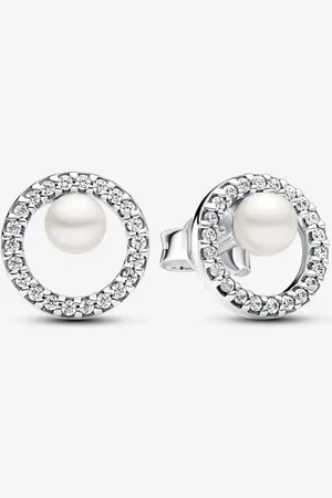 PANDORA Pendientes de Botón Perla Cultivada de Agua Dulce Tratada Y Halo de Pavé con Circonitas Cúbicas en Plata de Ley