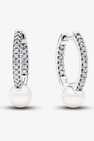 PANDORA Pendientes de Aro Perla Cultivada de Agua Dulce Tratada Y Pavé en Plata de Ley