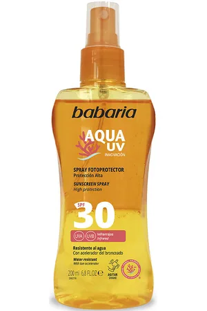 Babaria SOLAR AQUA UV SPF30 bifásico. Protector solar corporal. Tipo de Piel: Todo Tipo de Pieles. Formato: Spray, Bifásico. Green Beauty: Ocean respect. Otras Características: Waterproof. Protección SPF: Alta SPF 30