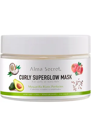 Alma Secret CURLY SUPERGLOW mask. Hidratantes y nutritivas. Tipo de Cabello: Cabello Seco, Cabello Dañado, Cabello Rizado. Green Beauty: Ingredientes naturales, Vegano, Packaging sostenible, Cruelty Free. Formulación: Sin Siliconas. Tendencias: Aloe Ve