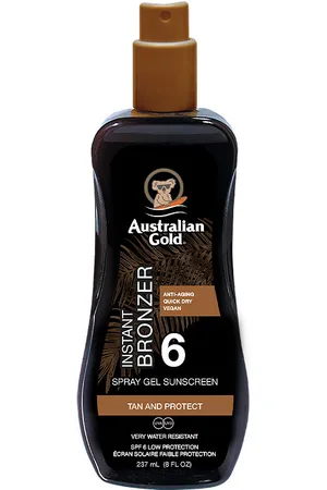 Australian Gold SUNSCREEN SPRAY GEL with instant bronzer SPF6. Protector solar corporal. Protección SPF: Baja SPF 0. Green Beauty: Cruelty Free