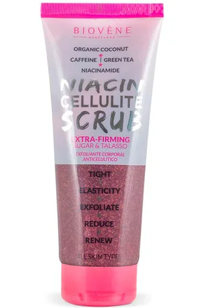 Biovène NIACIN CELLULITE SCRUB extra-firming. Exfoliante corporal Reafirmante corporal. Tipo de Piel: Grasa, Todo Tipo de Pieles, Normal/Mixta. Green Beauty: Ingredientes naturales, Vegano, Cruelty Free. Tendencias: Cafeína, Té verde, Niacinamida.