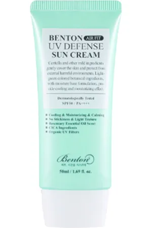Benton AIR FIT UV defense sun cream. Protector solar facial. Edad: Entre 26 y 35 años, Entre 36 y 50 años, Más de 50 años. Tipo de Piel: Todo Tipo de Pieles. Texturas: Gel. Tendencias: Centella asiática, Niacinamida. Ingredientes: Centella asiátic