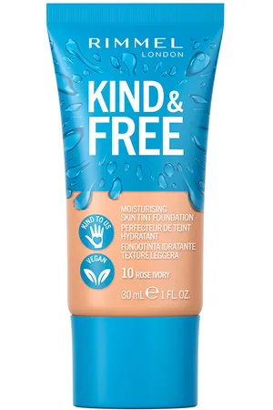 Rimmel London KIND & FREE skin tint foundation. Base de maquillaje. Tipo de Piel: Sensible, Todo Tipo de Pieles. Texturas: Fluido. Formulación: No Comedogénico, Sin Fragancia. Green Beauty: Ingredientes naturales, Vegano, Packaging sostenible, Cruelty Fr
