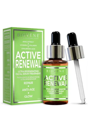 Biovène ACTIVE RENEWAL ultra regenerating facial serum treatment. Tratamiento Facial Hidratante. Tipo de Piel: Todo Tipo de Pieles. Green Beauty: Ingredientes naturales, Cruelty Free. Ingredientes: Vitamina C, Ácido Hialurónico, Colágeno. Tendencia