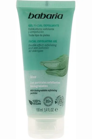Babaria ALOE VERA gel exfoliante facial. Exfoliante facial. Tipo de Piel: Todo Tipo de Pieles. Texturas: Gel. Green Beauty: Ingredientes naturales, Vegano. Tendencias: Aloe Vera, Skinimalism. Ingredientes: Aloe Vera