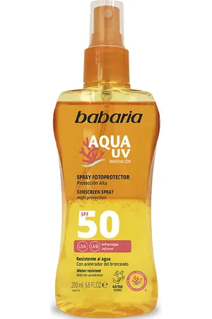 Babaria SOLAR AQUA UV SPF50 bifásico. Protector solar corporal. Tipo de Piel: Todo Tipo de Pieles. Formato: Bifásico. Green Beauty: Ocean respect. Protección SPF: Alta SPF 50