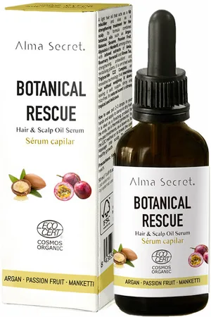 Alma Secret BOTANICAL RESCUE sérum capilar. Tratamiento reparacion pelo. Tipo de Cabello: Cabello Rizado. Texturas: Sérum. Formato: Dosificador. Green Beauty: Cruelty Free