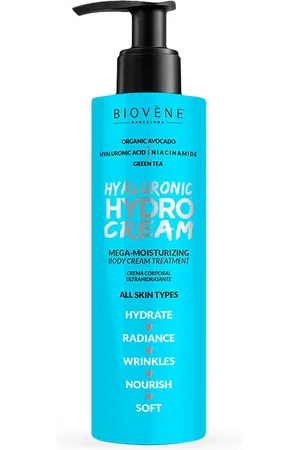 Biovène HYALURONIC HYDRO CREAM mega-moisturizing body cream treatment. Hidratante corporal. Tipo de Piel: Seca. Texturas: Crema. Formulación: Sin Parabenos. Formato: Dosificador. Tendencias: Ácido Hialurónico. Green Beauty: Cruelty Free. Ingredient