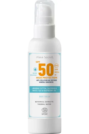 Alma Secret HIGH PROTECTION crema corporal SPF50. Protector solar corporal. Tipo de Piel: Sensible, Todo Tipo de Pieles. Formato: Dosificador. Tendencias: Aloe Vera, Agua termal, Almendras. Green Beauty: Ocean respect, Cruelty Free. Ingredientes: Aloe
