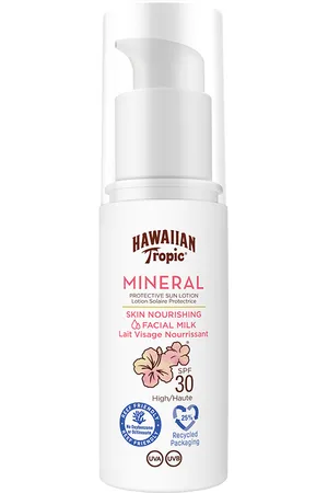 Hawaiian Tropic MINERAL facial protective milk SPF30. Protector solar facial. Edad: Entre 18 y 25 años, Entre 26 y 35 años, Entre 36 y 50 años, Más de 50 años. Tipo de Piel: Todo Tipo de Pieles. Texturas: Leche. Formato: Dosificador. Protección SPF: Alta S