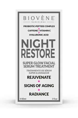 Biovène NIGHT RESTORE super glow facial serum treatment. Efecto flash Antiarrugas y Antiedad. Formulación: Sin Parabenos. Tendencias: Cafeína, Ácido Hialurónico, Vitamina C. Ingredientes: Vitamina C, Ácido Hialurónico. Green Beauty: Cruelty Free