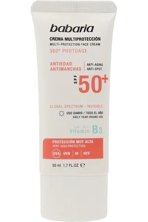 Babaria SOLAR MULTIPROTECCION crema antimanchas SPF50+. Protector solar facial. Edad: Entre 26 y 35 años, Entre 36 y 50 años, Más de 50 años. Tipo de Piel: Todo Tipo de Pieles. Texturas: Crema. Otras Características: Waterproof. Protección SPF: Muy