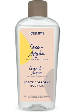 Flor De Mayo ACEITE CORPORAL hidratante coco y argán. Hidratante corporal. Texturas: Aceite. Tendencias: Argán, Vitamina E, Almendras, Coco. Ingredientes: Argán. Green Beauty: Vegano