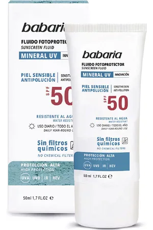 Babaria SOLAR MINERAL UV fluido facil fotoprotector SPF50. Protector solar facial. Tipo de Piel: Sensible. Texturas: Fluido. Protección SPF: Alta SPF 50. Tendencias: Skinimalism