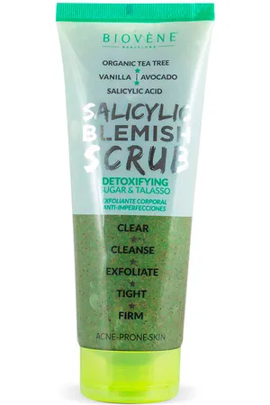Biovène SALICYLIC BLEMISH SCRUB detoxifying. Exfoliante corporal. Tipo de Piel: Grasa, Todo Tipo de Pieles. Formulación: Sin Parabenos, Sin Sulfatos. Green Beauty: Ingredientes naturales, Vegano, Cruelty Free. Tendencias: Ácido salicílico