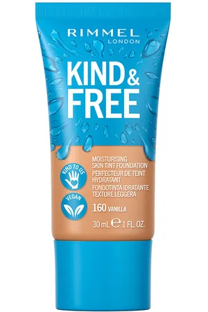 Rimmel London KIND & FREE skin tint foundation. Base de maquillaje. Tipo de Piel: Sensible, Todo Tipo de Pieles. Texturas: Fluido. Formulación: No Comedogénico, Sin Fragancia. Green Beauty: Ingredientes naturales, Vegano, Packaging sostenible, Cruelty Fr