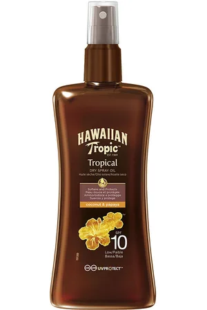 Hawaiian Tropic COCONUT & PAPAYA dry oil SPF10 spray. Protector solar corporal. Tipo de Piel: Todo Tipo de Pieles. Texturas: Aceite. Formato: Spray. Protección SPF: Baja SPF 10. Green Beauty: Cruelty Free
