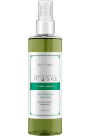 Alma Secret FACIAL TONER revitalizante y antiedad con pepino & hammamelis. Tónico facial. Formulación: No Comedogénico, Sin Alcohol. Formato: Dosificador. Tendencias: Árbol de té. Green Beauty: Vegano, Cruelty Free