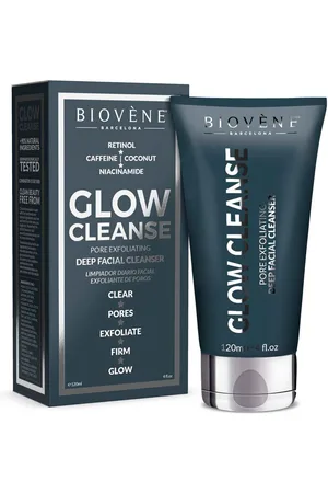 Biovène GLOW CLEANSE pore exfoliating deep facial cleanser. Exfoliante facial. Tipo de Piel: Mixta, Grasa, Todo Tipo de Pieles. Green Beauty: Ingredientes naturales, Vegano, Cruelty Free. Tendencias: Cafeína, Retinol, Niacinamida, Coco, Skinimalism