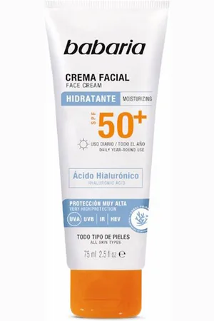 Babaria SOLAR ACIDO HIALURÓNICO crema facial SPF50+. Protector solar facial. Tendencias: Ácido Hialurónico. Protección SPF: Muy alta SPF 50 +. Green Beauty: Vegano. Ingredientes: Ácido Hialurónico