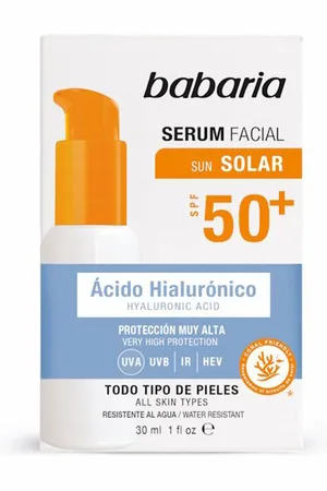 Babaria SOLAR ACIDO HIALURÓNICO serum facial SPF50+. Protector solar facial. Tipo de Piel: Sensible, Atópica. Texturas: Sérum. Formato: Dosificador. Green Beauty: Ocean respect. Tendencias: Ácido Hialurónico. Otras Características: Waterproof. Prot