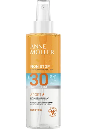 Anne Möller NON STOP protección solar bifásica SPF30. Protector solar corporal. Tipo de Piel: Todo Tipo de Pieles. Green Beauty: Ingredientes naturales, Ocean respect, Cruelty Free. Formato: Spray, Bifásico. Formulación: Sin Fragancia. Tendencias: Acei