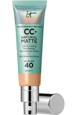 IT COSMETICS CC+ NATURAL MATTE base de maquillaje en crema SPF40. CC Cream. Tipo de Piel: Mixta, Grasa, Sensible, Acneica. Formulación: No Comedogénico, Sin Fragancia. Tendencias: Ácido Hialurónico. Protección SPF: Alta SPF 40. Green Beauty: Vegano. Ing