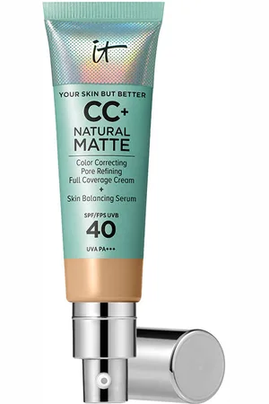 IT COSMETICS CC+ NATURAL MATTE base de maquillaje en crema SPF40. CC Cream. Tipo de Piel: Mixta, Grasa, Sensible, Acneica. Formulación: No Comedogénico, Sin Fragancia. Tendencias: Ácido Hialurónico. Protección SPF: Alta SPF 40. Green Beauty: Vegano. Ing