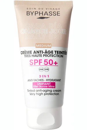 Byphasse CREMA FACIAL antiedad con color SPF50+. Antiarrugas y Antiedad - Protector solar facial. Tendencias: Vitamina E, Ácido Hialurónico. Protección SPF: Muy alta SPF 50 +. Ingredientes: Ácido Hialurónico