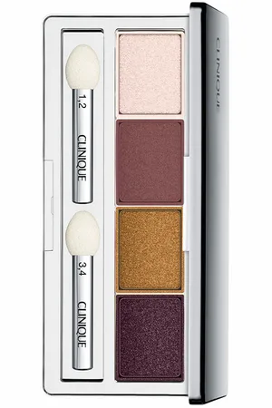 Clinique ALL ABOUT SHADOW quad. Sombra de ojos. Formulación: Hipoalergénico, Sin Parabenos, Sin Fragancia. Texturas: Polvo. Color: Dorado, Rosa, Granate