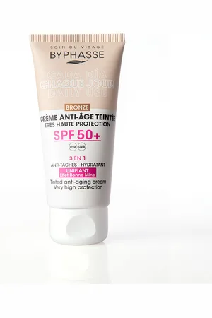 Byphasse CREMA FACIAL antiedad con color SPF50+. Antiarrugas y Antiedad - Protector solar facial. Tendencias: Vitamina E, Ácido Hialurónico. Protección SPF: Muy alta SPF 50 +. Ingredientes: Ácido Hialurónico