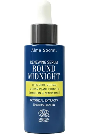 Alma Secret ROUND MIDNIGHT sérum con retinal puro 0,1%. Antiarrugas y Antiedad - Tratamiento Facial Reafirmante. Edad: Entre 36 y 50 años, Más de 50 años. Tipo de Piel: Todo Tipo de Pieles. Tratamiento: Noche. Texturas: Sérum. Formato: Dosificador. Ten