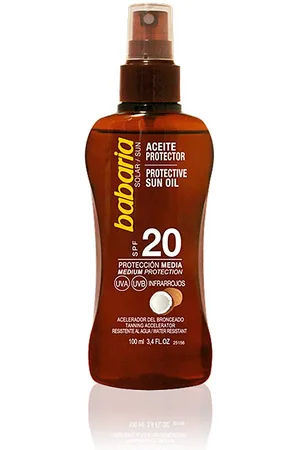 Babaria SOLAR ACEITE PROTECTOR COCO SPF20 spray. Protector solar corporal. Tipo de Piel: Todo Tipo de Pieles. Texturas: Aceite. Formato: Spray. Protección SPF: Media SPF 20. Tendencias: Coco