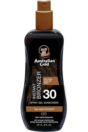 Australian Gold SUNSCREEN SPRAY GEL with instant bronzer SPF30. Protector solar corporal. Tipo de Piel: Todo Tipo de Pieles. Texturas: Gel. Formato: Spray. Otras Características: Waterproof. Protección SPF: Alta SPF 30. Green Beauty: Cruelty Free