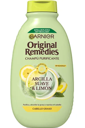 Garnier ORIGINAL REMEDIES champú arcilla suave y limón. Champú purificante. Tipo de Cabello: Cabello Graso. Formulación: Sin Siliconas. Green Beauty: Cruelty Free