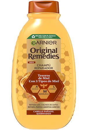 Garnier ORIGINAL REMEDIES champú tesoros de miel. Champú antirrotura - Champú hidratante. Tipo de Cabello: Cabello Seco, Cabello Dañado, Cabello Teñido, Cabello con Mechas. Green Beauty: Ingredientes naturales, Cruelty Free. Tendencias: Método Curl